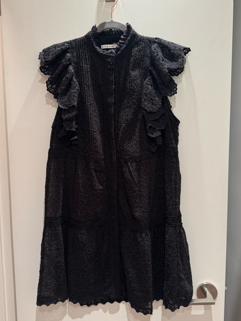 Alice + Olivia Black Lace Ruffle High-Neck Mini Dress
